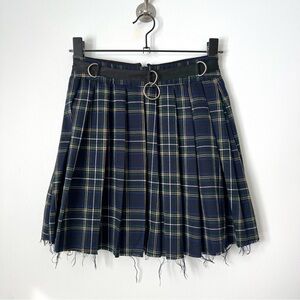 Current Mood Grunge Navy Plaid Skirt with Ring Detail